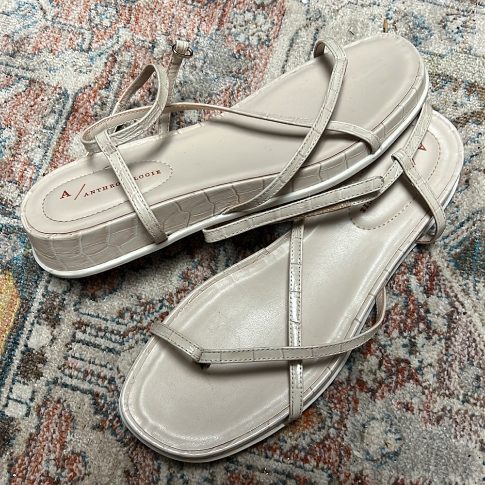 Anthro | Marina White Snakeskin Strappy Velcro Sandals